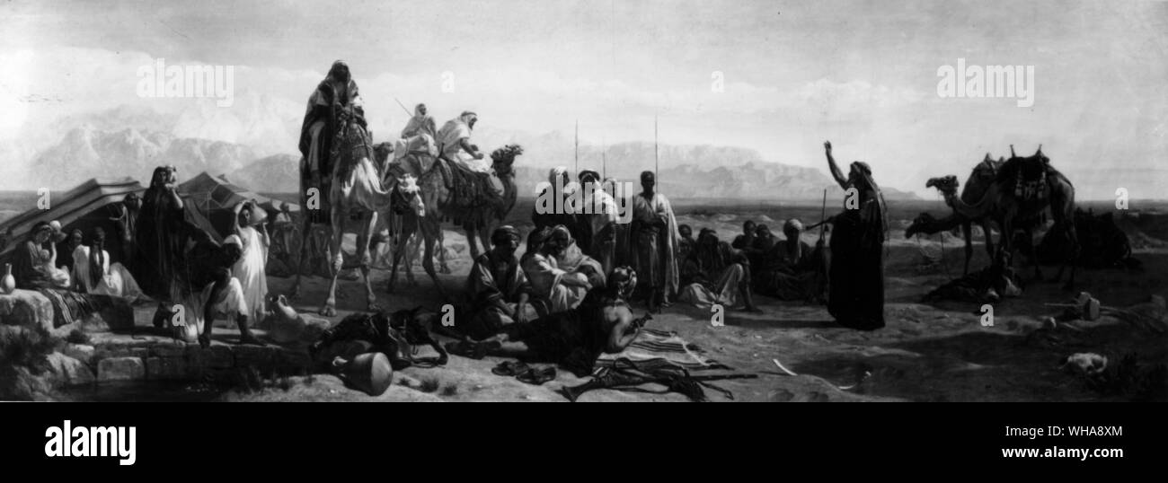 El jeque árabe aborda su tribu que romper su campamento en El Aaiún Moussa ( el pozo de Moisés ) en la orilla oriental del Mar Rojo. La cabecera opuesta es Djebel Attaka desde que los Israelitas cruzaron. Foto de stock