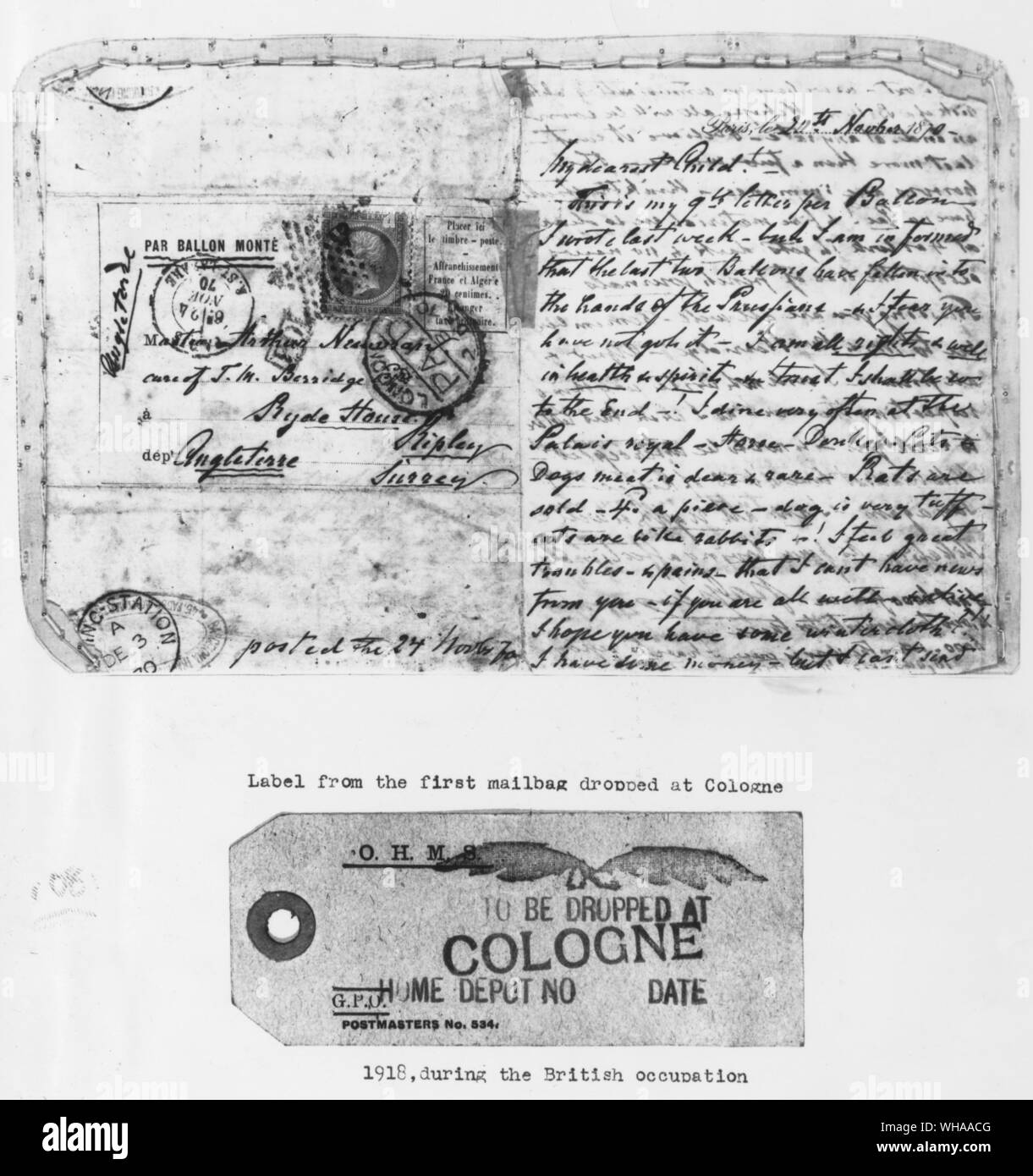 París Ballon Post 1870 . Carta y etiqueta del primer correo aéreo a Colonia 1918 Foto de stock