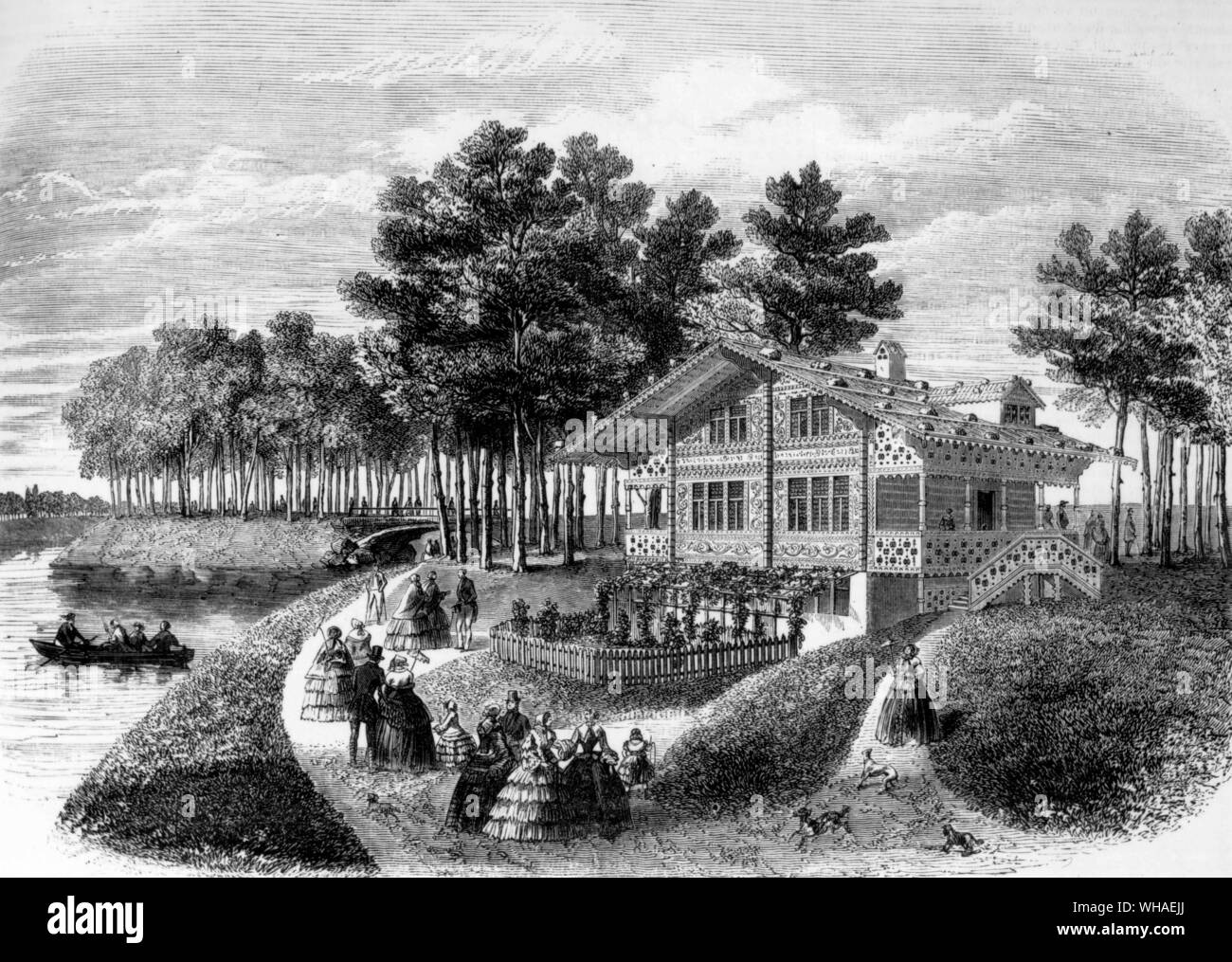 Desde L'Ilustración 3 de marzo de 1855. La nueva Swiss Chalet construido en el Bois de Boulogne Foto de stock