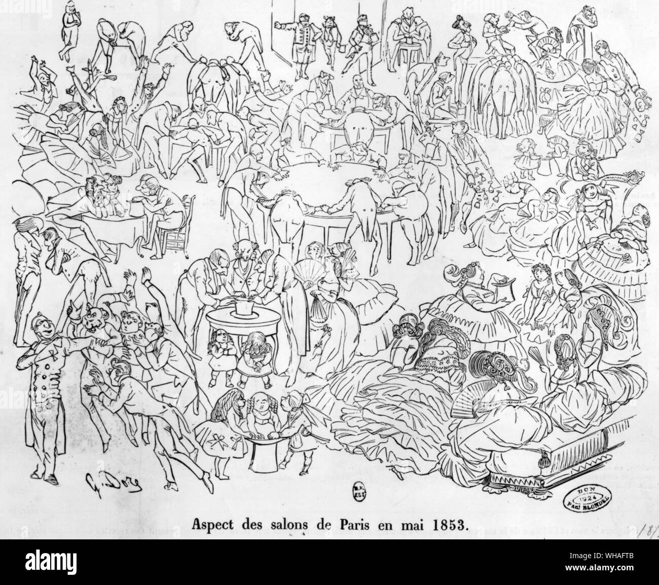 Girar la tabla era endémica en París en 1853 por Gustave Doré. Les tables tournantes et les tetes Foto de stock