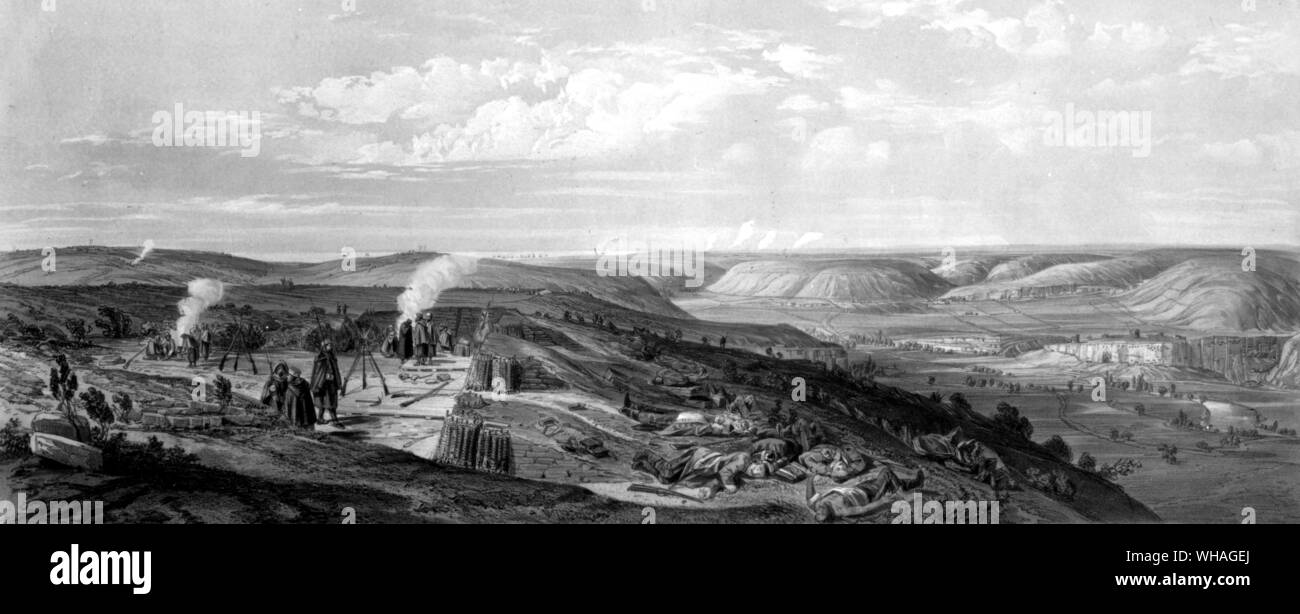 El campo de Inkerman desde las tres pilas de pistola mostrando el terreno en el cual la principal lucha tuvo lugar el 5 de noviembre. Novedades WYR5009 donde la infantería, guardias y otros lucharon Pell Mell con la Federación de columnas por E Walker desde un boceto por el Capitán M UN Biddulph. 1854. Escena de guerra ruso Foto de stock