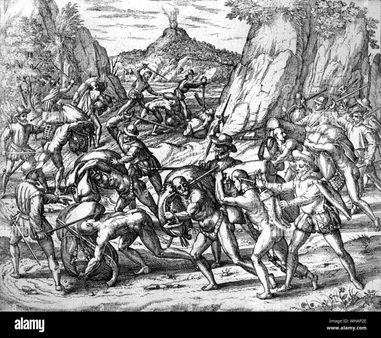 Los indios obligados a transportar el equipaje para los españoles. La exploración de América del