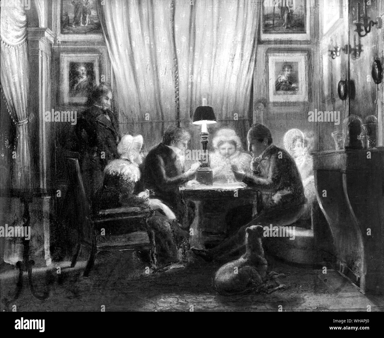 Grupo de clase superior de personas jugando cartas en el salón. Le Salon du barón Gerard Foto de stock