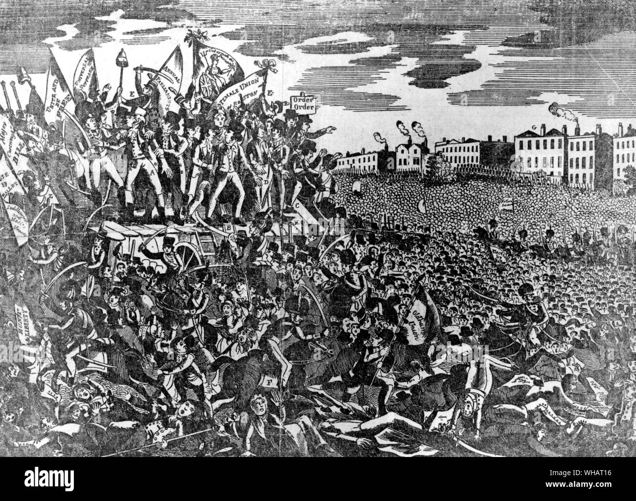 Terrible escena en Manchester, reunión de reformadores radicales del 16 de agosto de 1819. Foto de stock