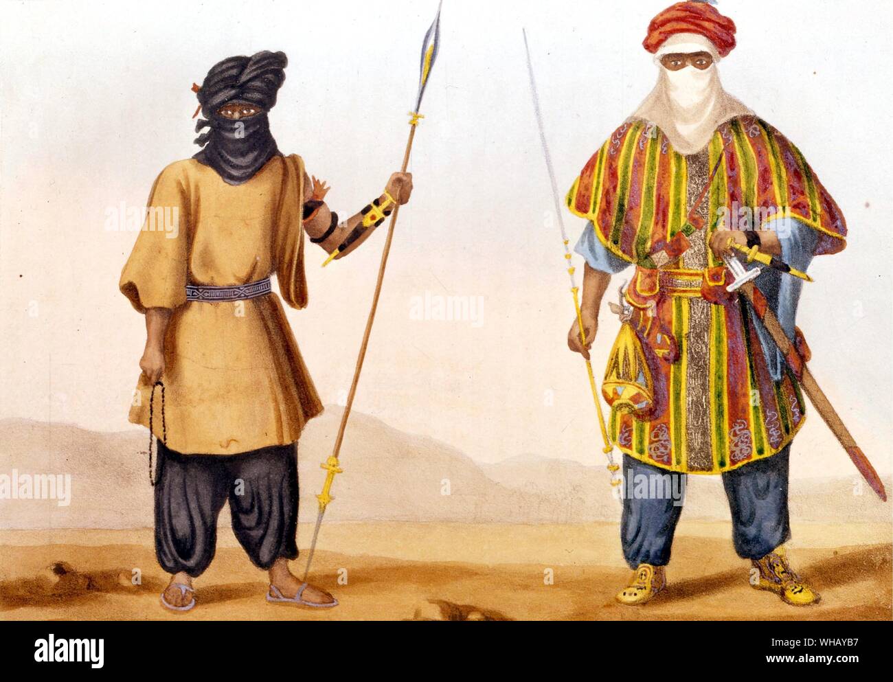 Los tuaregs. Los Tuareg Touareg (a veces escrito en francés o en inglés Twareg) son una etnia bereber o nación. Tuareg es un nombre que fue aplicado a ellos por los primeros exploradores e historiadores, pero ellos se llaman a sí mismos diversamente, kel tamasheq, Kel Tamajaq (altavoces de Tamasheq), Imouhar, Imuhagh, Imazaghan o Imashaghen (libre). El pueblo Tuareg también se identifican con el concepto Tamust, 'La Nación'. Los Tuareg hoy se encuentran principalmente en África occidental, pero, como muchos en el norte de África, una vez fueron nómadas durante todo el Sáhara. La aventura africana - una historia de África. Foto de stock