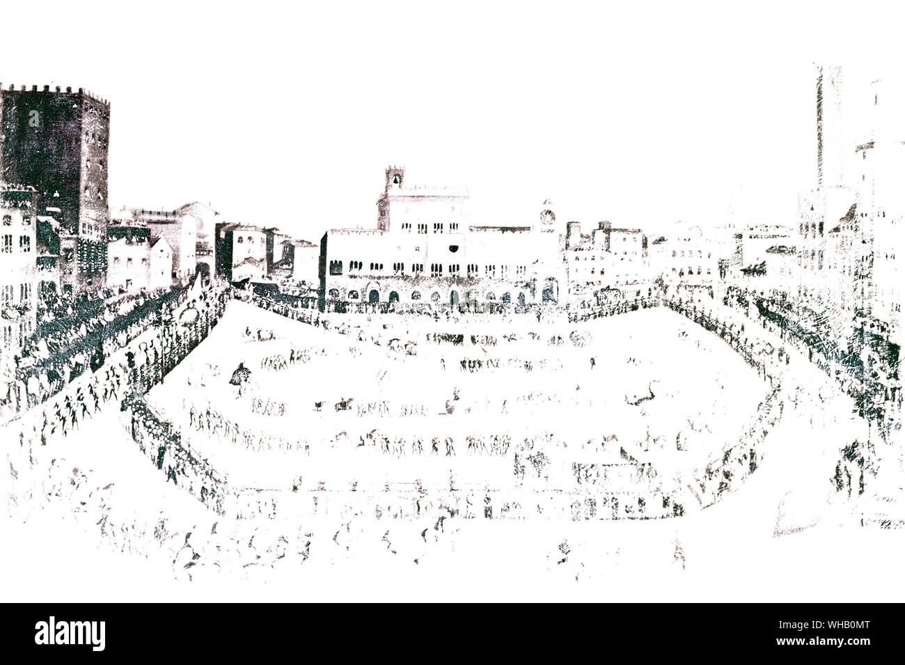 La procesión antes del Palio - 1546. Por Lorenzo Fratellini. Copia de la  original por anon. artista. Azienda Auto-noma di Turismo Siena. Palio es el  nombre dado en Italia a un certamen