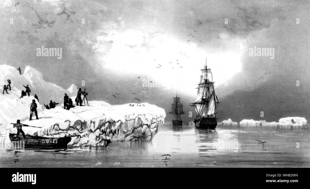 El 23 de enero de 1838 dos barcos que llegan a puerto en el Polo Sur Foto de stock