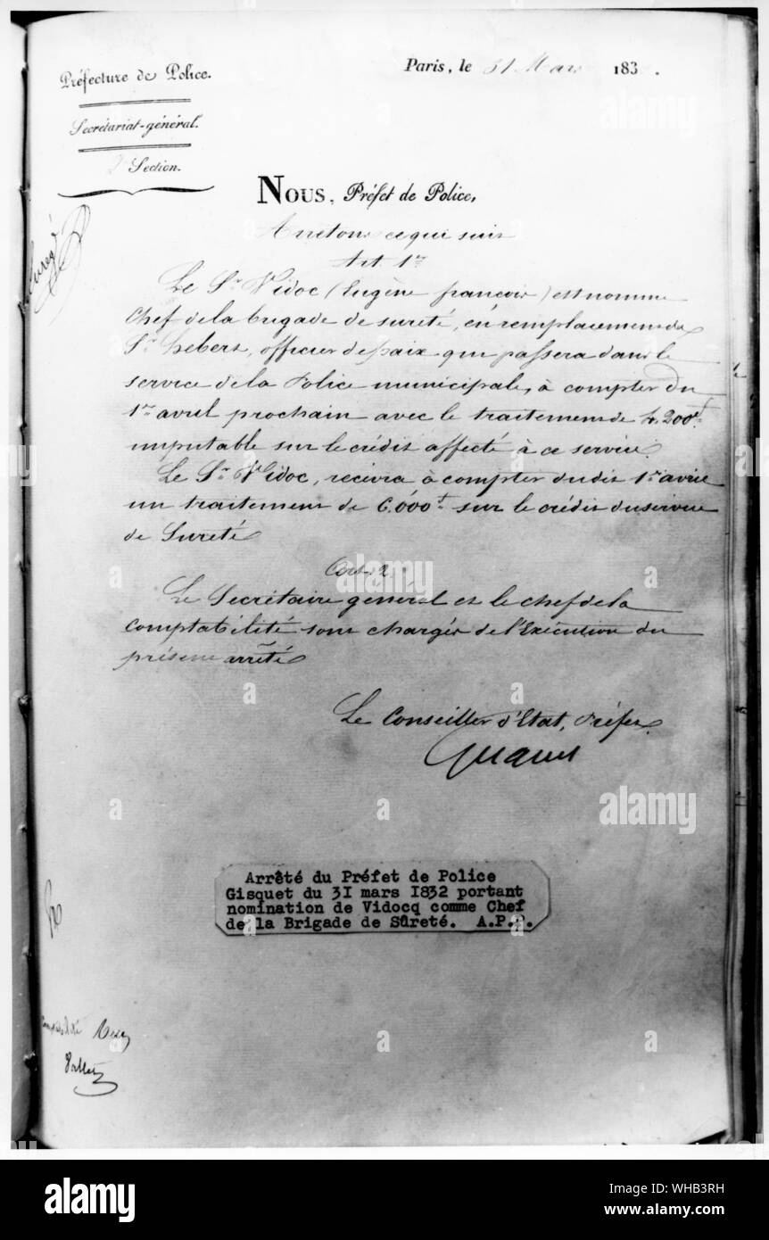 El documento de la policía francesa, 1832 Foto de stock