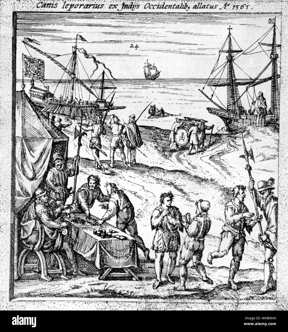 En el recuadro de un mapa del siglo 16. Un grabado de la actividad en el puerto de Cádiz. 1572 Foto de stock