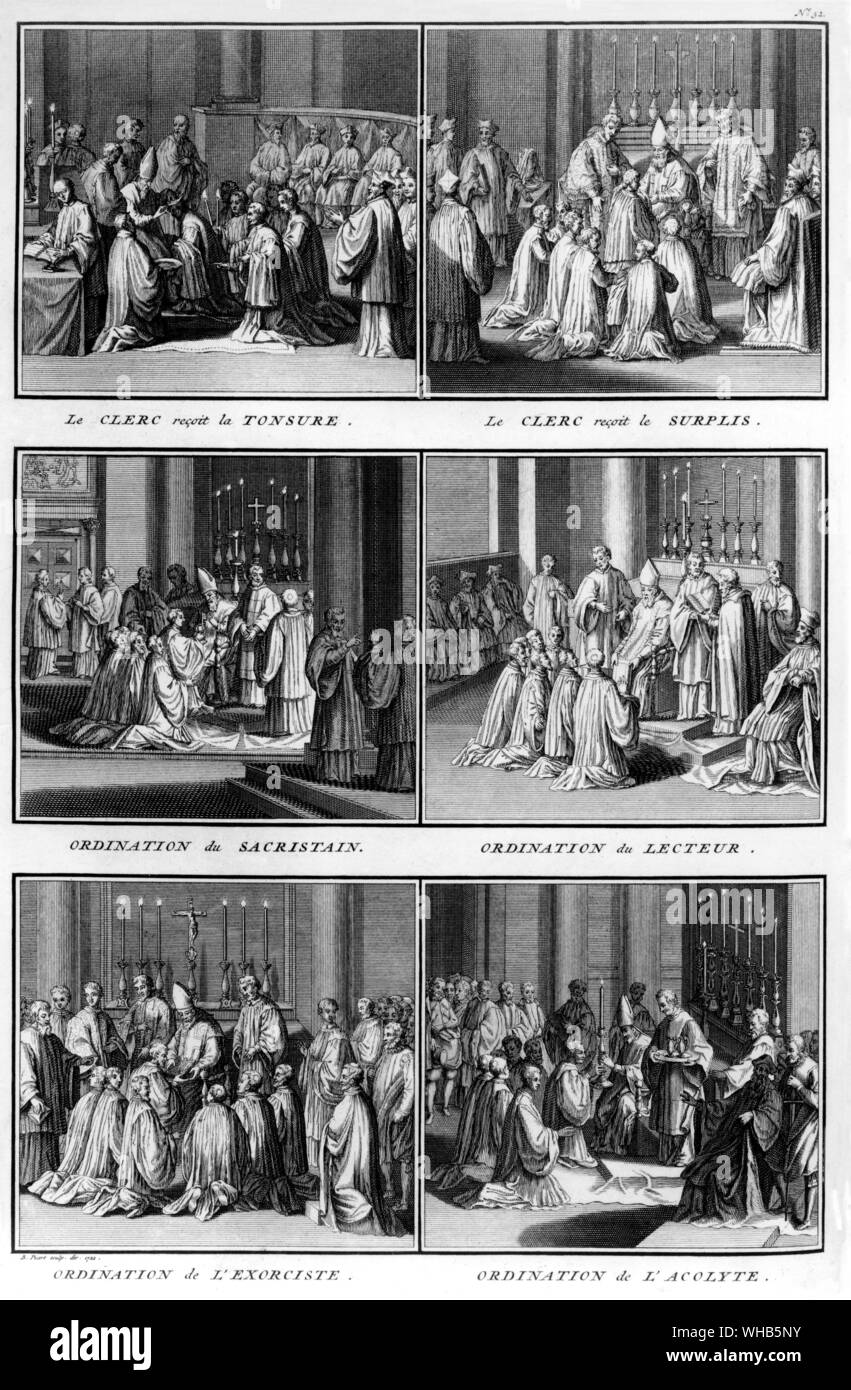 Las ceremonias religiosas y costumbres de la religión católica : Ilustración representando diversos procedimientos que componen la masa Foto de stock