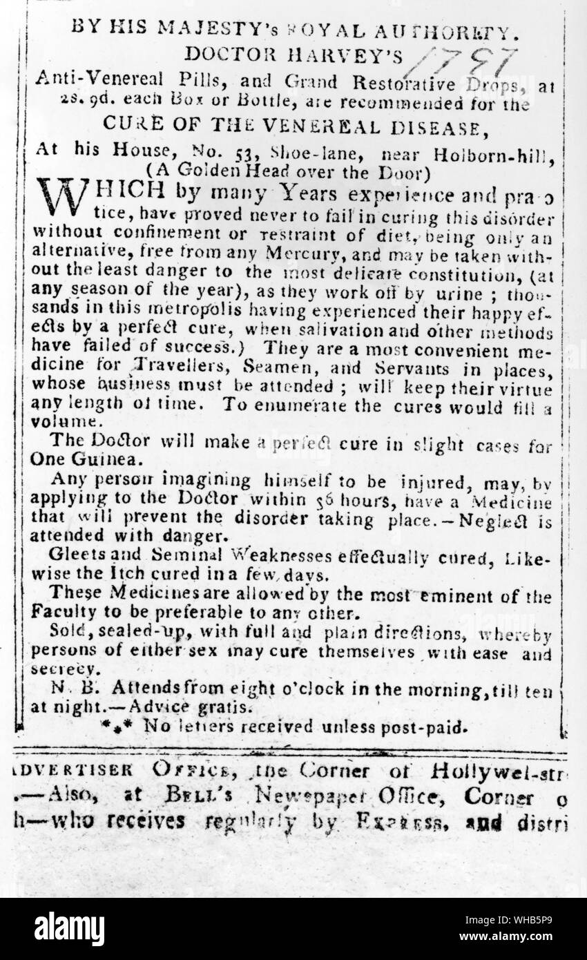El Dr. Harvey's anti-píldoras venéreas y grand gotas reparadora, etc.el anuncio en el periódico de 1797. En la Wellcome histórico Museo y Biblioteca Médica. Foto de stock