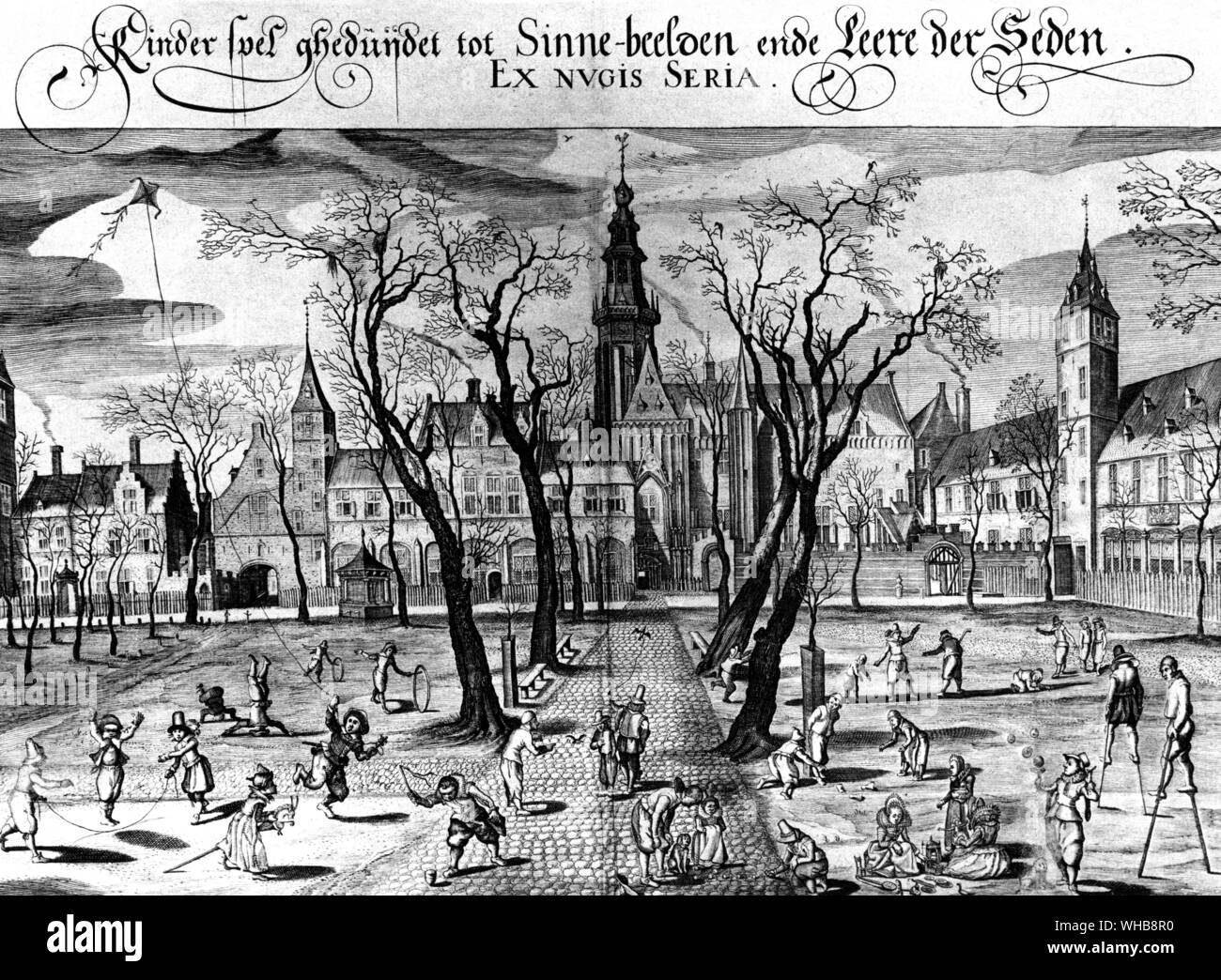 La vida cotidiana - grabó por primera vez pruebas de vuelo de cometas en Europa. Holandés o Alemán. Siglo 16. Foto de stock