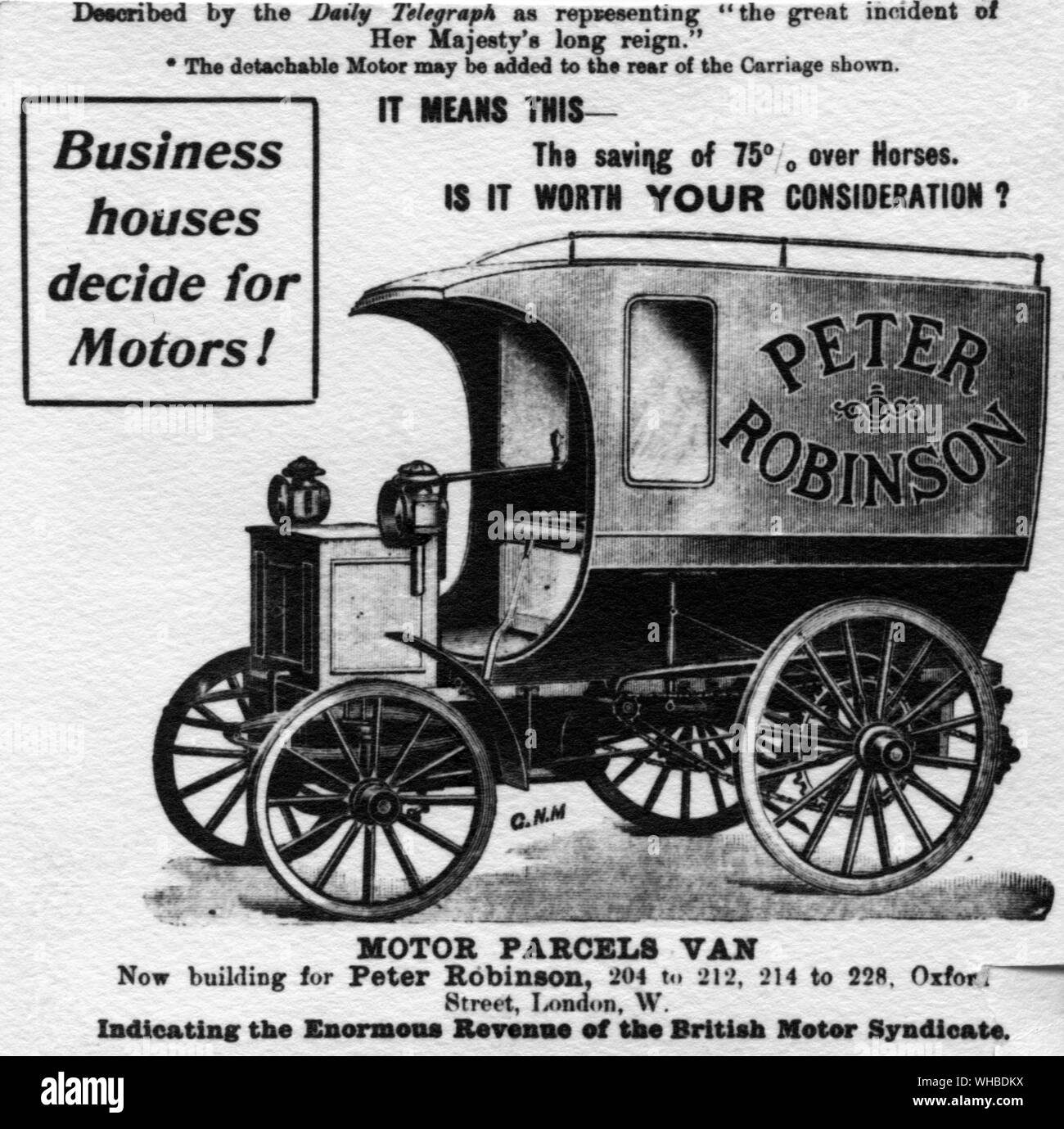 El Peter Robinson van - primero en Gran Bretaña para llevar mercancías, noviembre de 1896. Foto de stock