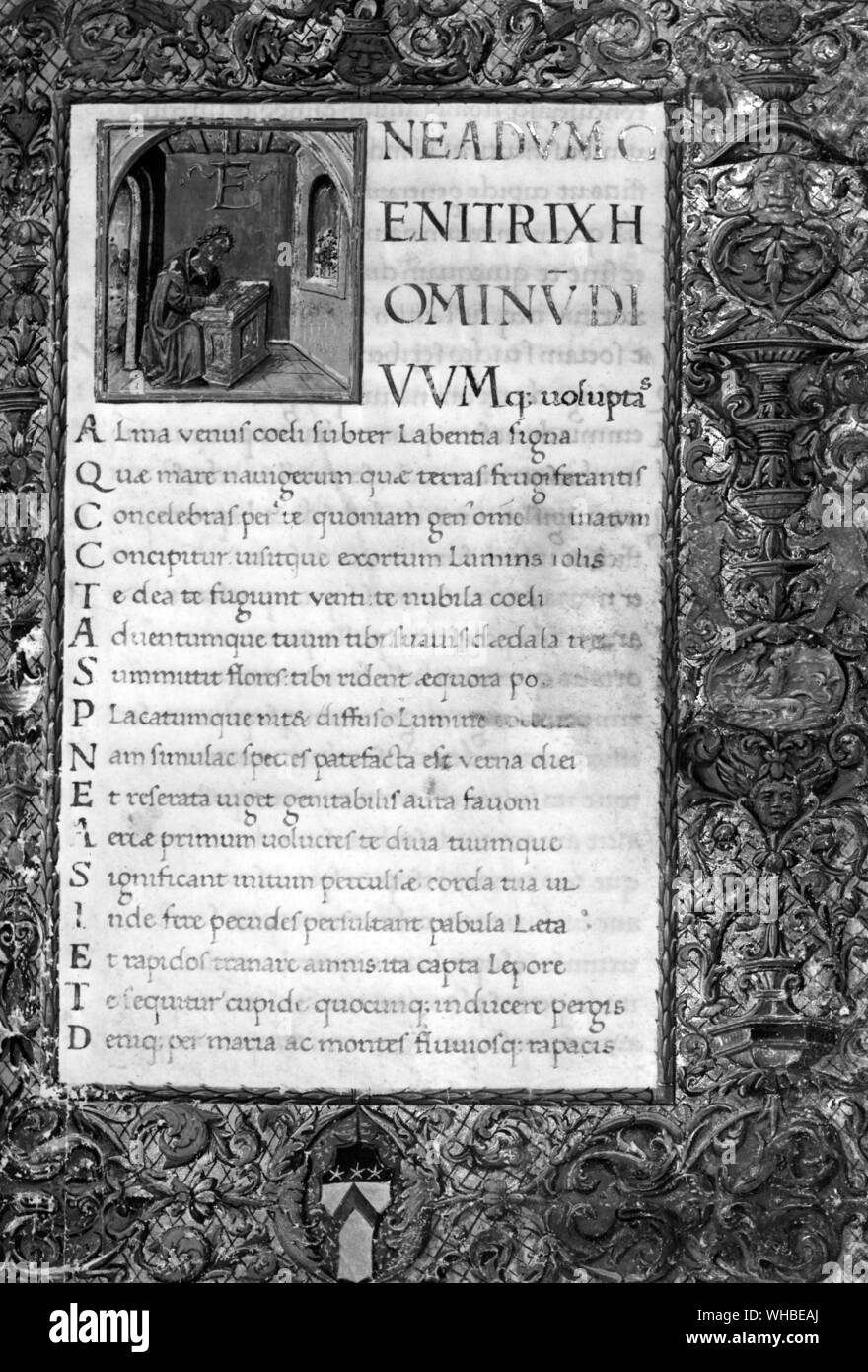 Tito Lucrecio Carus (ca. 99 BC-55 .) fue un poeta y filósofo romano. Su  obra principal es De Rerum Natura, sobre la naturaleza de las cosas, la  página del manuscrito iluminado Fotografía