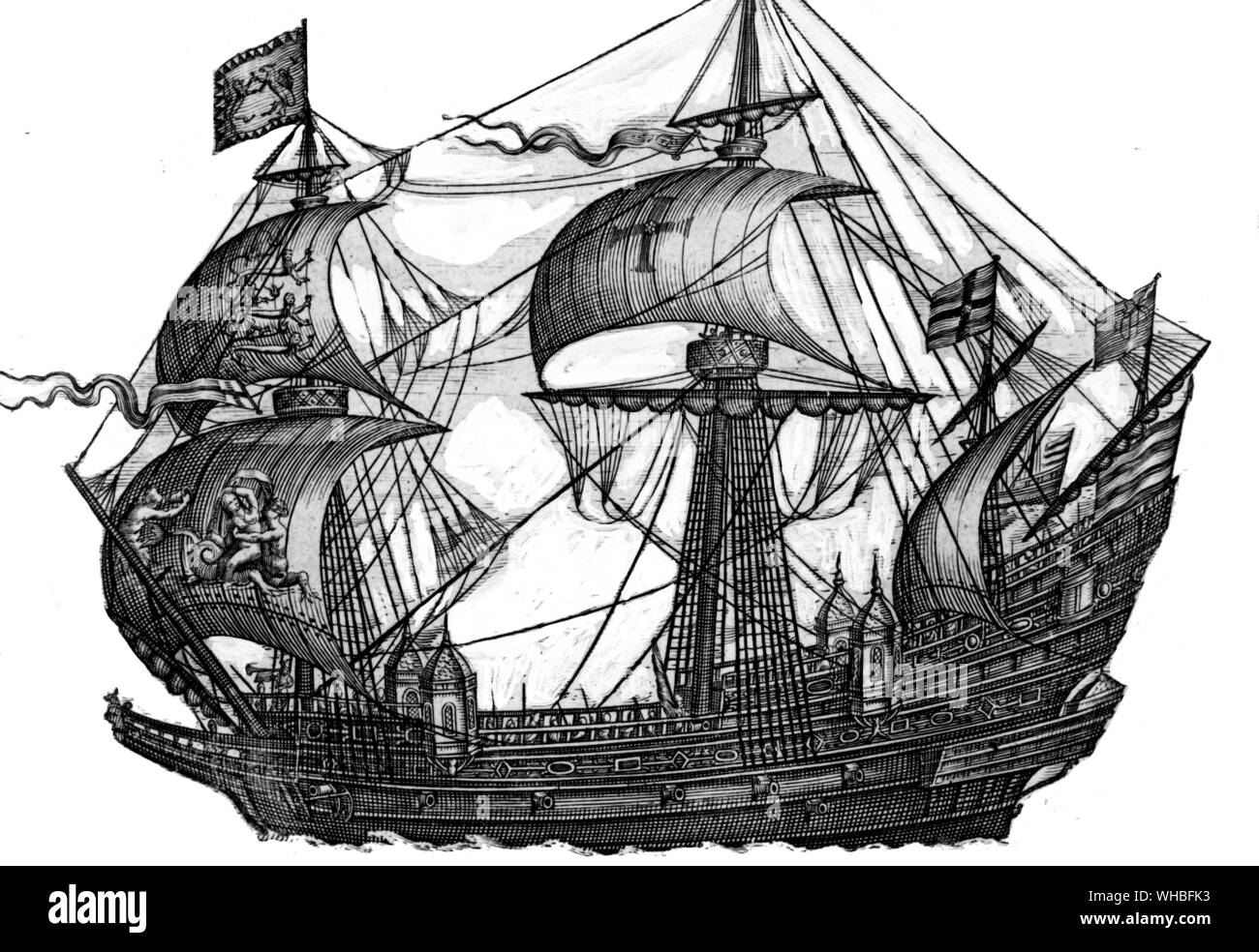 HMS Ark Royal : Claes Jansz Visscher grabado 1587 . Howard contra el buque insignia de la Armada Española Foto de stock