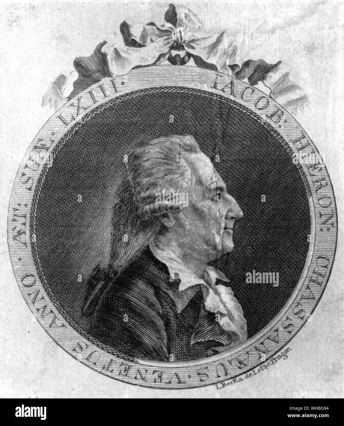 Retrato grabado de Giacomo Casanova por Johann Berka , anciano de sesenta y tres años Foto de stock