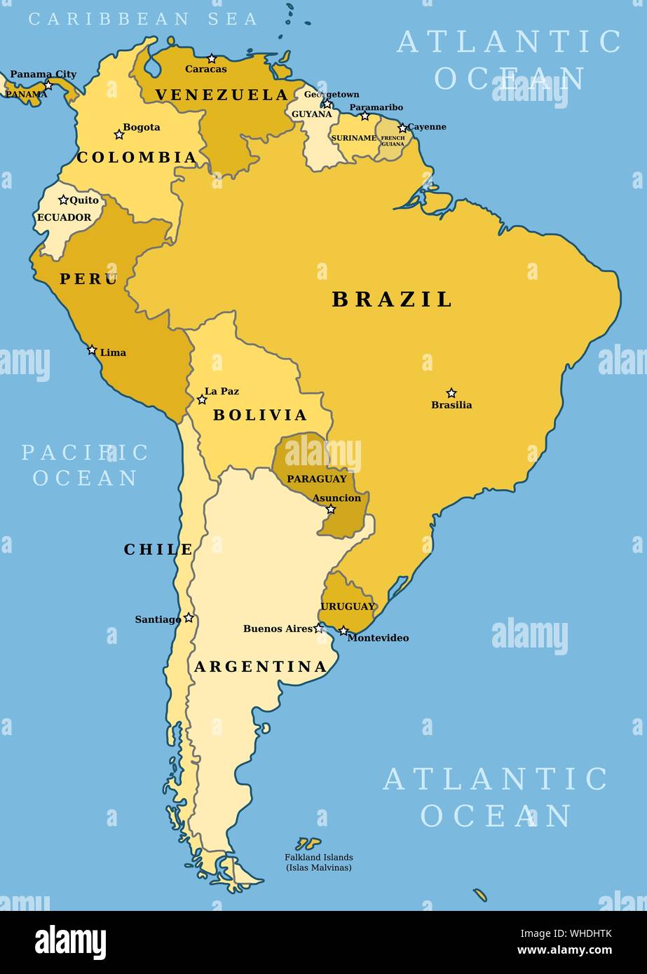 Mapa de América del Sur. División política - países y capitales ciites