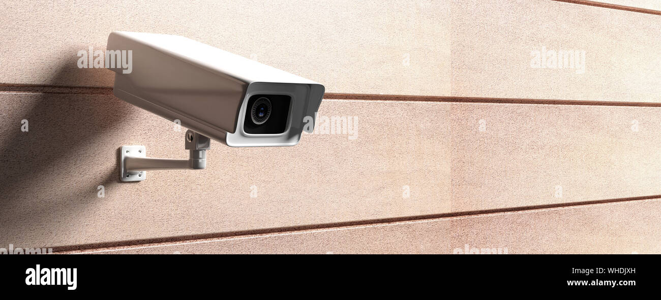 Cámara CCTV de vigilancia. Leva de seguridad contra la pared en color marrón de fondo, banner, copia el espacio. Ilustración 3d Foto de stock