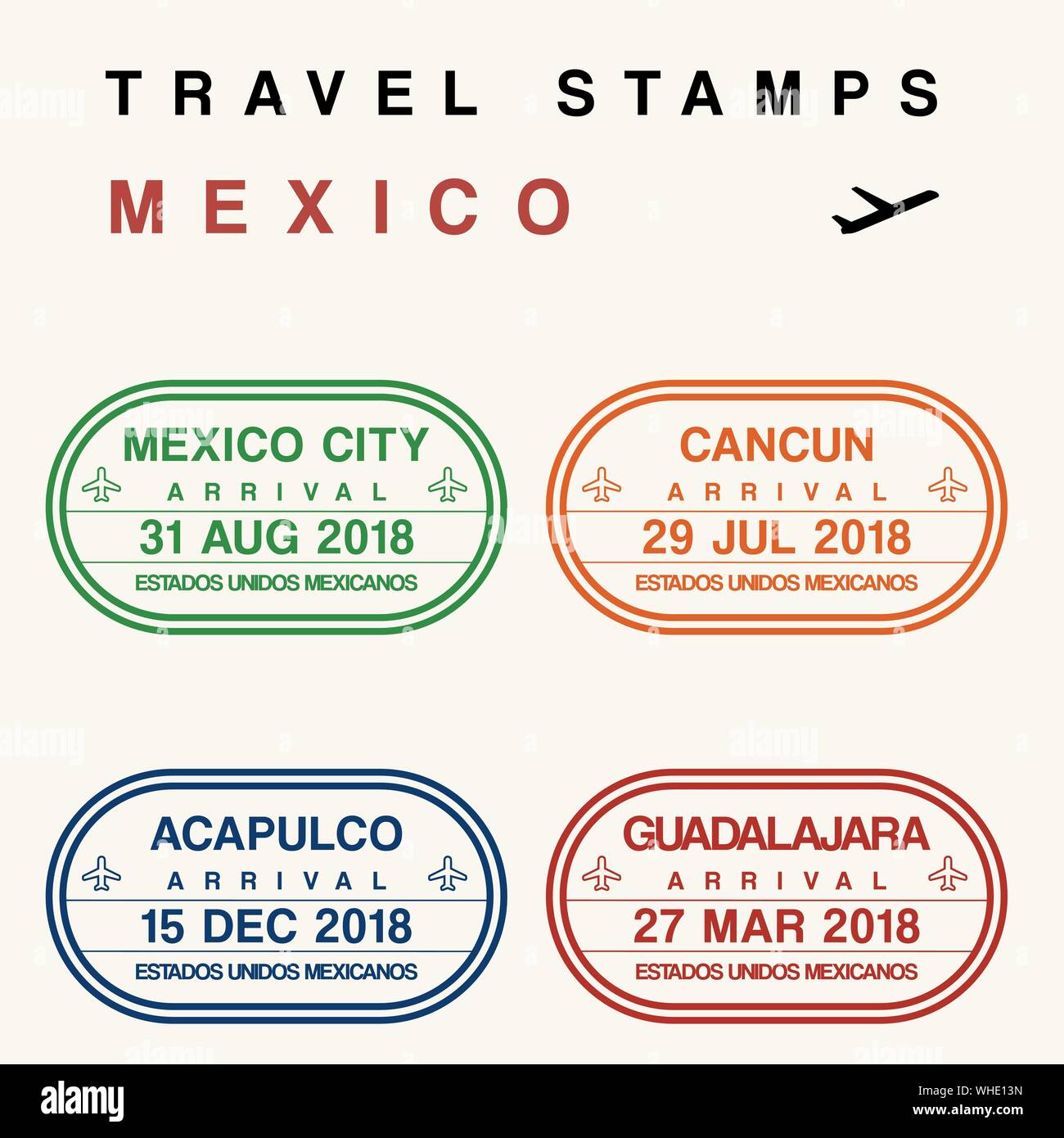 Vector de viaje - pasaporte sellos (estampillas ficticios). Destinos en  México: Ciudad de México, Cancún, Acapulco y Guadalajara Imagen Vector de  stock - Alamy