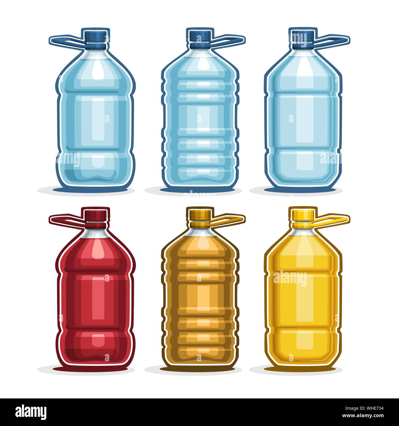 Set de vectores de plástico grande con tapa para botellas de agua, recolección de 6 full color amarillo y rojo con empuñadura de contenedores de galón de aceite para cocinar o ch Ilustración del Vector