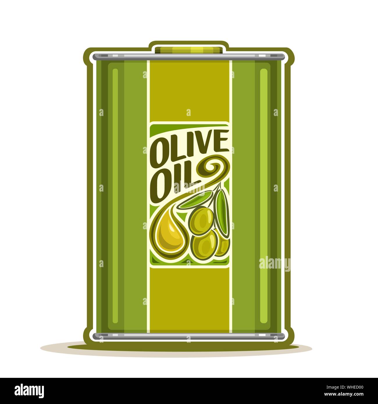 Vector de metal verde botella con aceite puro de oliva virgen de lata de estaño, aceite de cocina, el acero se puede recipiente con líquido orgánico, aceitunas rama y aceitoso dro Ilustración del Vector