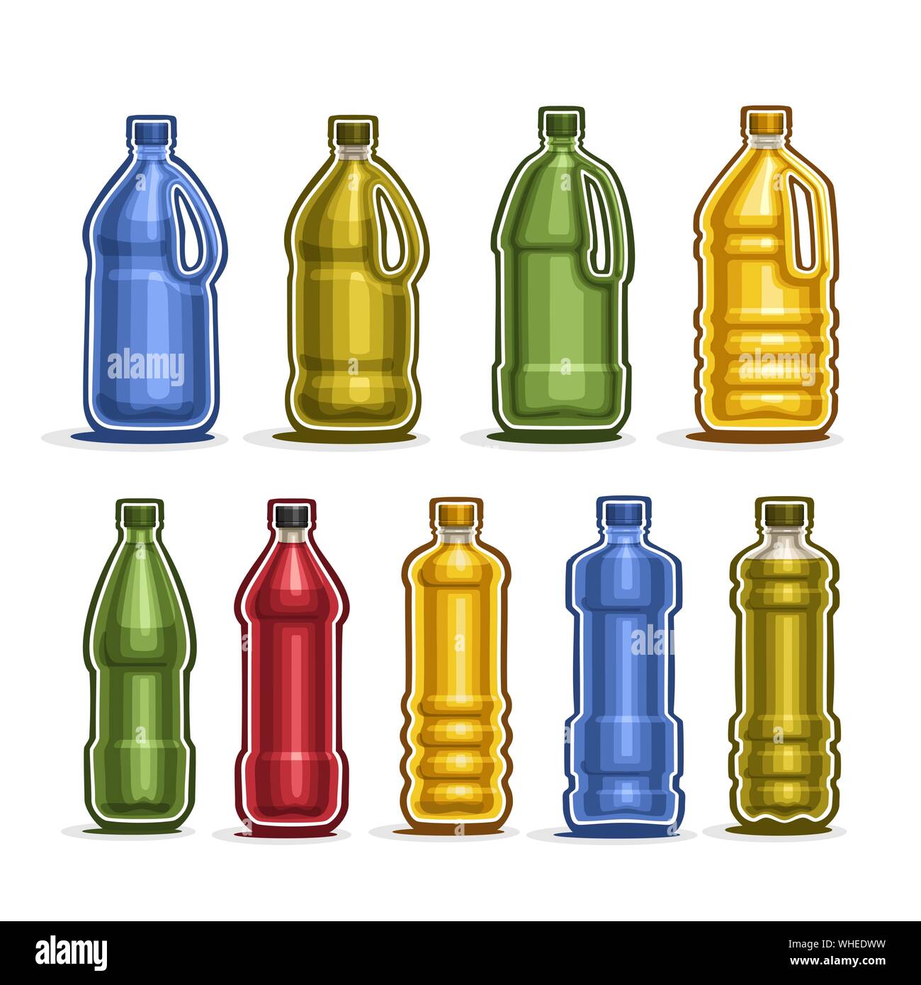Conjunto de color vectorial grandes botellas de plástico con tapa para agua, 9 full color amarillo y verde con empuñadura de contenedores de galón de aceite para cocinar o químico Ilustración del Vector