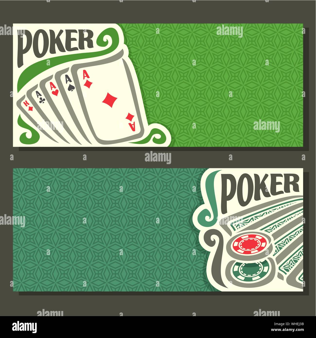 Vector banners para Poker, jugando a las cartas para jugar el juego de mesa verde en el casino. Ilustración del Vector