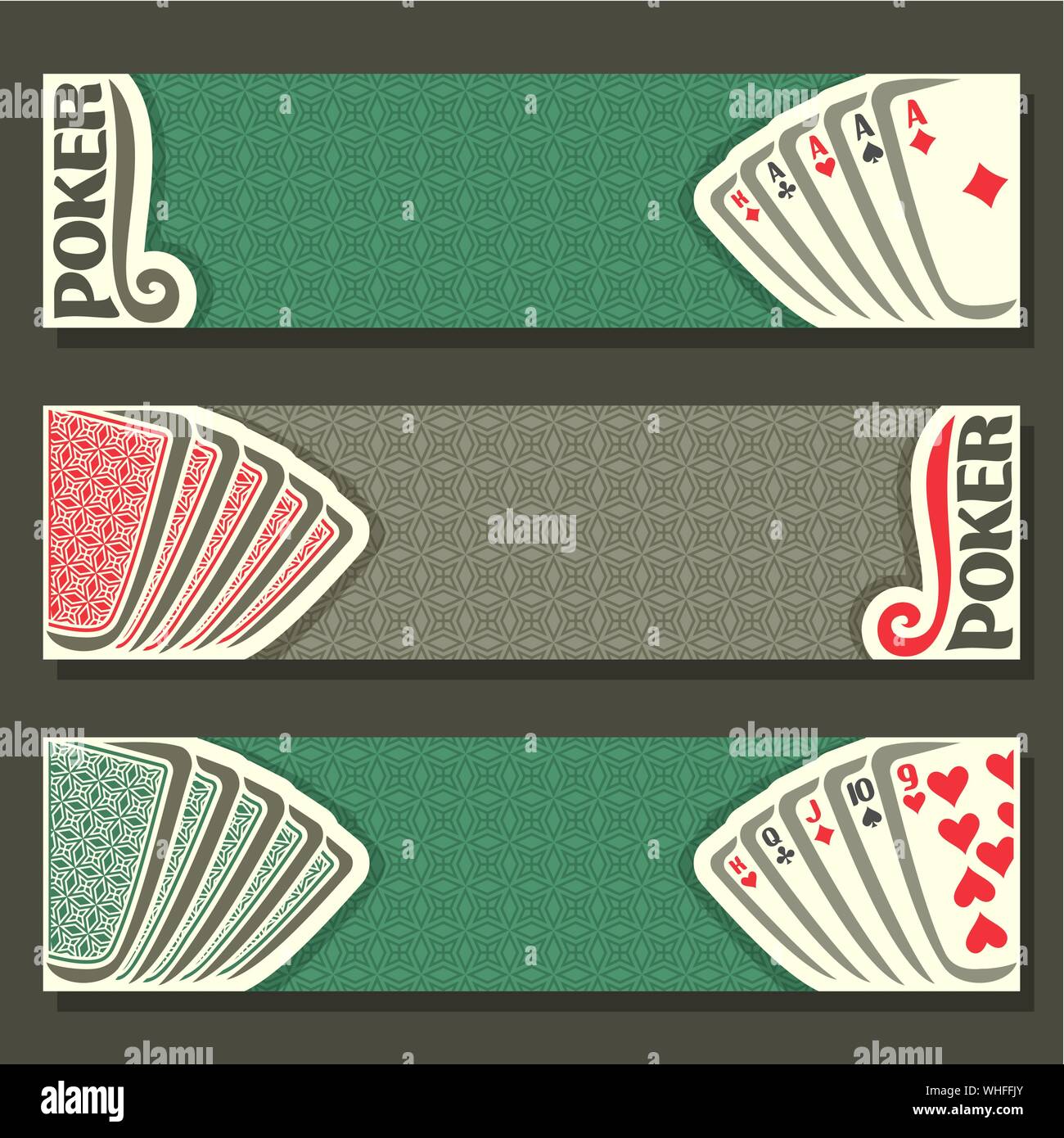 Vector encabezados de Poker, jugando a las cartas para jugar el juego de mesa verde en el casino. Ilustración del Vector
