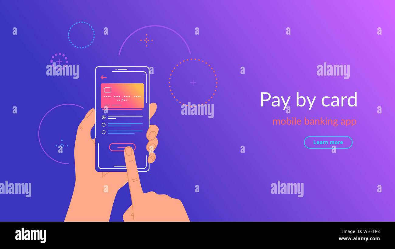 La banca móvil app y el pago mediante tarjeta de crédito a través de un  monedero electrónico de forma inalámbrica y sencilla. Ilustración vectorial  brillante de online un pago por teléfono móvil
