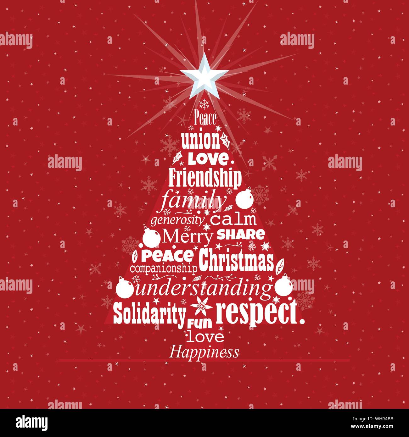 Tarjeta de felicitación con palabras en blanco formando un árbol de navidad  con una estrella brillante en la punta sobre un fondo rojo con estrellas  blancas. Palabra Cloud design. Vector Imagen Vector