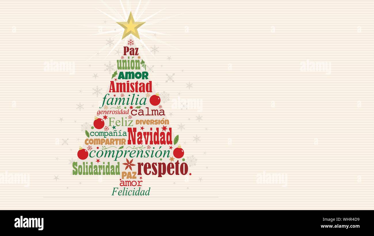 Tarjeta de felicitación con palabras en rojo y verde en lengua española  formando un árbol de navidad con una estrella brillante en la punta sobre  un fondo blanco con copo de nieve