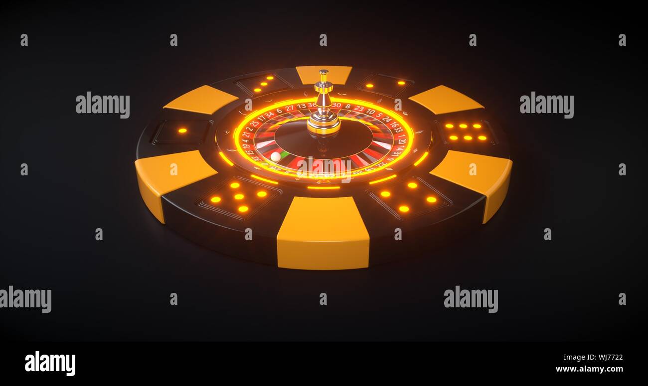 3D Rendering de fichas de Casino con Ruleta interior con luces de neón,  aislado sobre fondo negro Fotografía de stock - Alamy