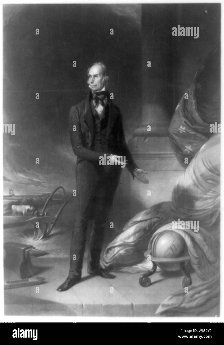 Henry Clay Sinopsis: Un retrato formal de campaña del candidato presidencial del Partido Liberal Henry Clay, después de la pintura por John Neagle hecho en Ashland, Clay estate en Kentucky. Como dice la leyenda, la impresión, el original fue pintado por el orden de Filadelfia Whigs y con la aprobación de la central sindical de arcilla. El grabador, Filadelfia artista John Sartain, fue el más capaz y distinguida mezzotintist del período. Su Henry Clay, aunque mucho más grande y más caro que el habitual de producción de imágenes de la campaña (véase el Nº 1844-1 a -10), debe haber atraído considerable electi Foto de stock