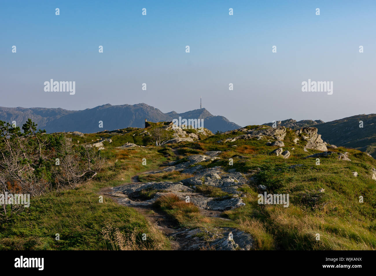 Mirando a través de la hierba y las rocas de la ladera de la colina hacia el mástil de la radio sobre el distante horizonte con el azul claro del cielo, en la noche del sol encima de Bergen, Noruega Foto de stock