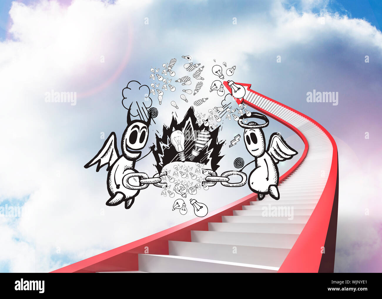 Angel y Demonio doodle contra escalera roja flecha apuntando hacia arriba contra el cielo Foto de stock