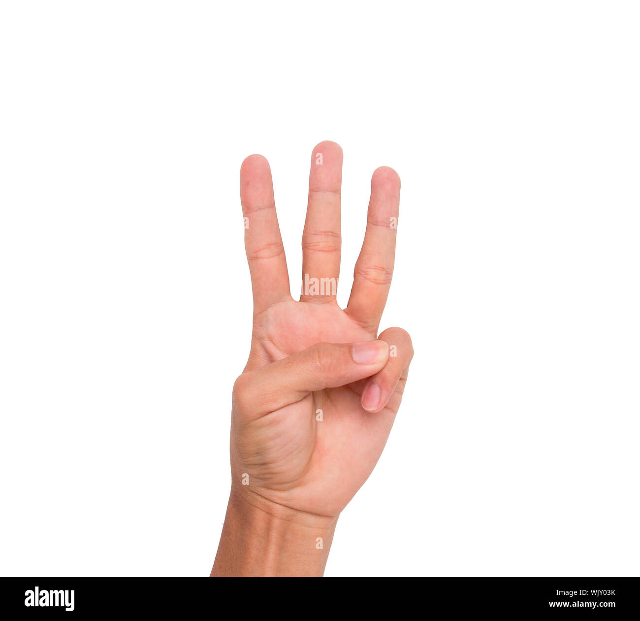 Imagen recortada de la mano mostrando tres dedos contra el fondo blanco. Foto de stock