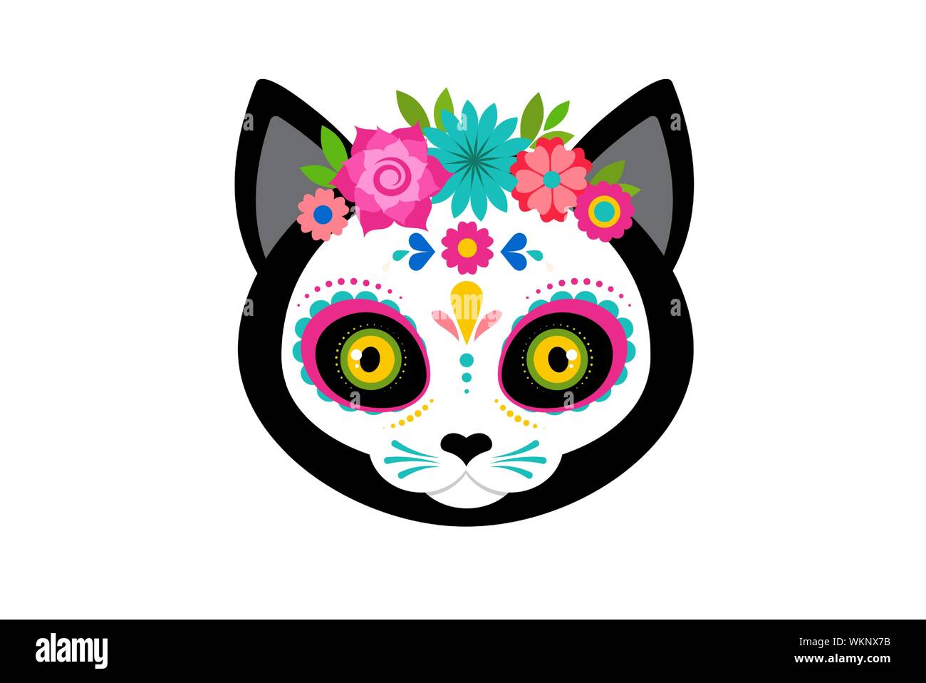 El día de los muertos, el Dia de los moertos, lindo gato cabeza cráneo y  esqueleto decoradas con coloridas flores y elementos mexicanos. Fiesta,  Halloween, Navidad Imagen Vector de stock - Alamy