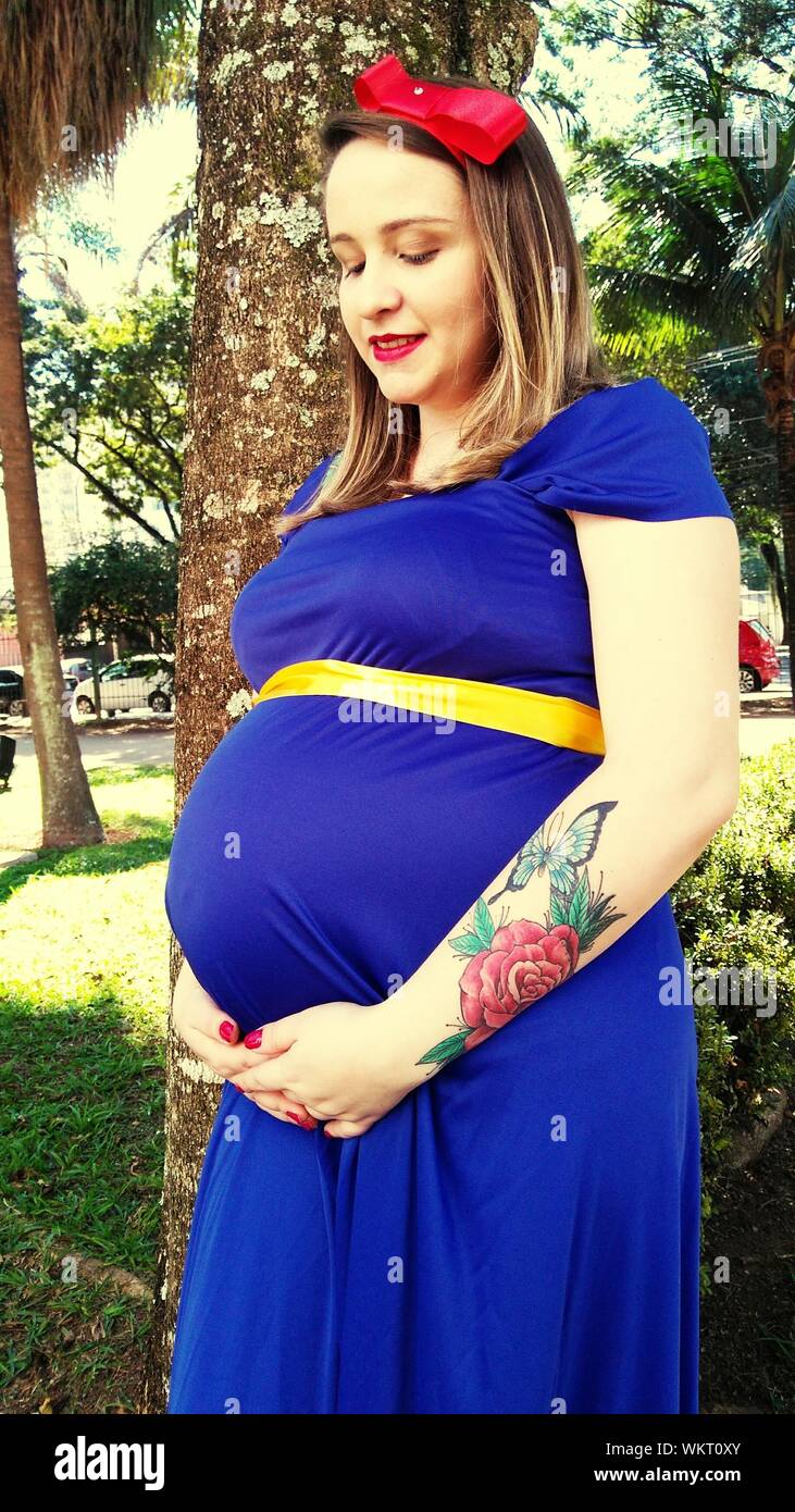 Advertencia Plausible Centro de producción Mujer embarazada vistiendo vestido azul por tronco de árbol Fotografía de  stock - Alamy
