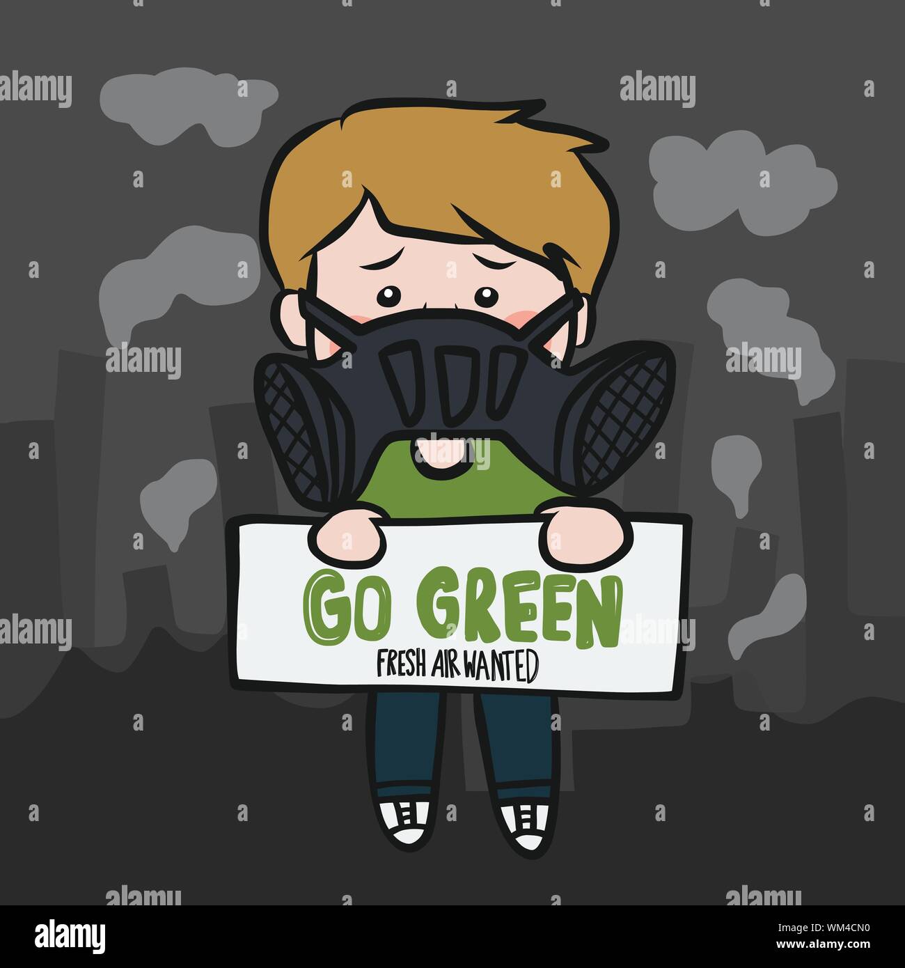 Ir verde aire fresco quería hombre usar anti-contaminación máscara de  dibujos animados ilustración vectorial Imagen Vector de stock - Alamy