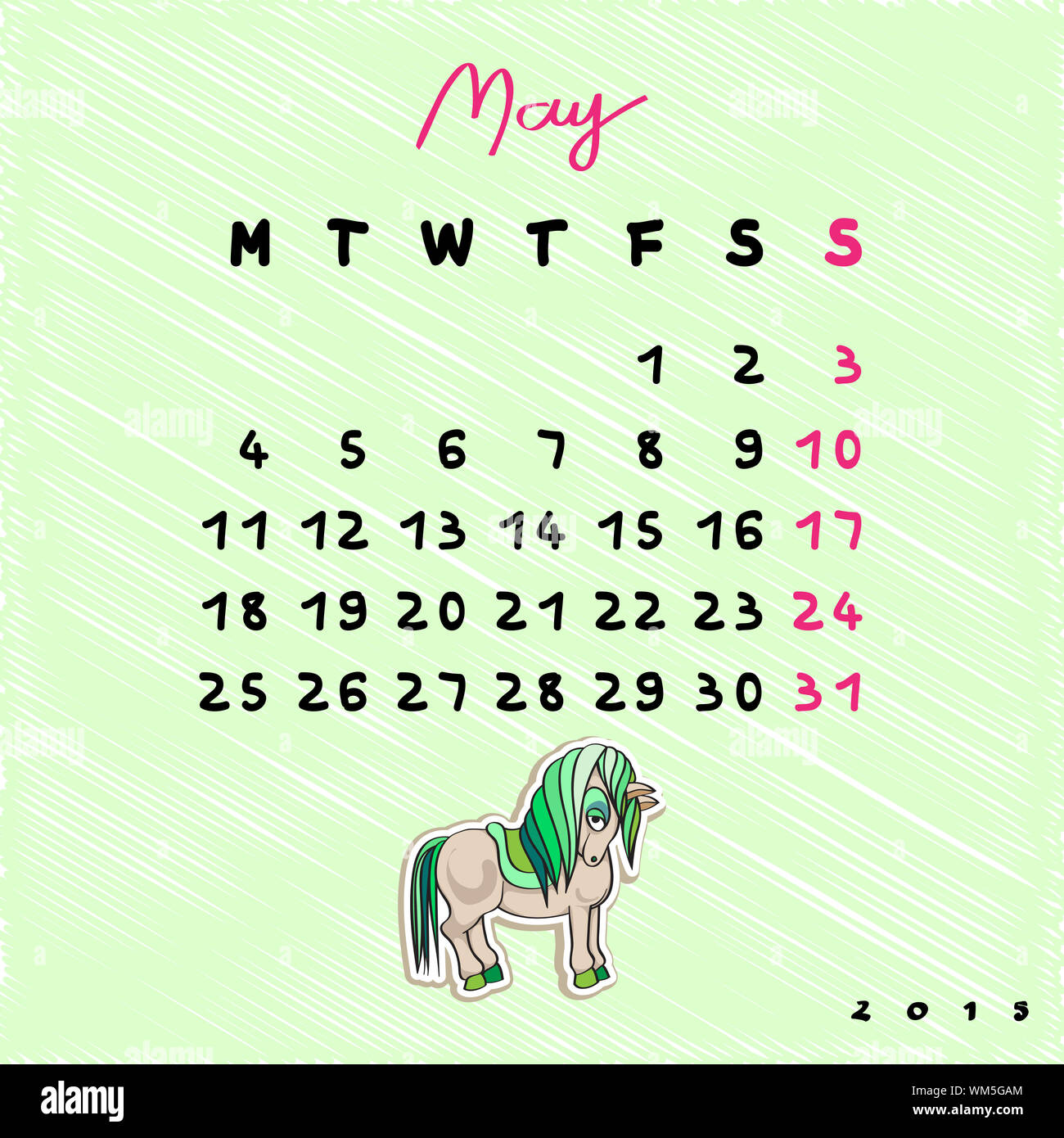 Calendario 2015 con caballos de juguete, ilustración gráfica de mayo