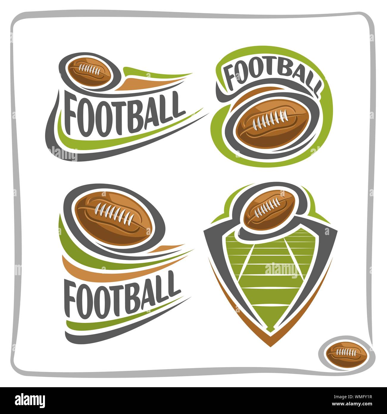 Vector logo abstracto para el fútbol americano, signos de club deportivo, simple marrón fútbol balón volando sobre campo verde en la portería, aislado icono deportivo Ilustración del Vector