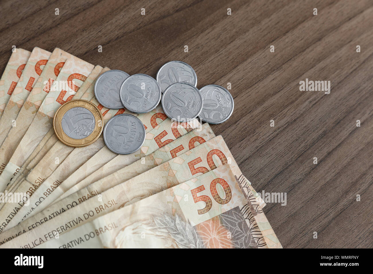 Dinero de Brasil, notas del Real, Brasil BRL, billetes de la moneda brasileña, la economía y la empresa. Foto de stock