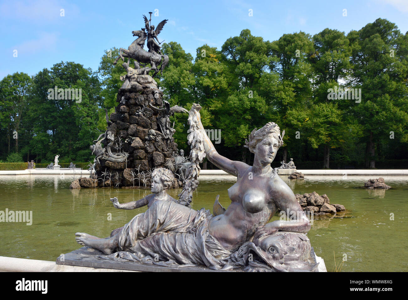 Fuente de fortuna, nuevo palacio Neues Schloss, Herrenchiemsee, Alemania, Europa Foto de stock