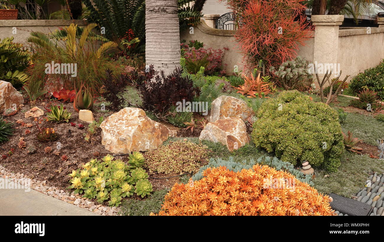 Cerca de medio hermosamente hecho tolerantes a la sequía el paisajismo en un patio delantero en California Foto de stock
