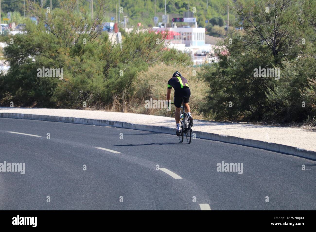 Vista trasera de la bicicleta Equitación ciclista en la carretera por las plantas durante el día soleado Foto de stock
