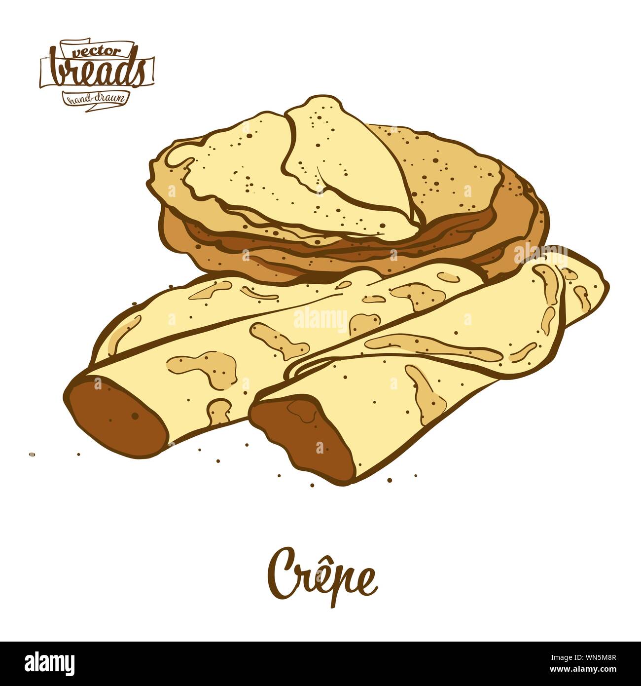 Dibujo coloreado de crepes pan. Ilustración vectorial de panqueque alimentos, generalmente conocido en Francia. Pan de color de bocetos. Ilustración del Vector