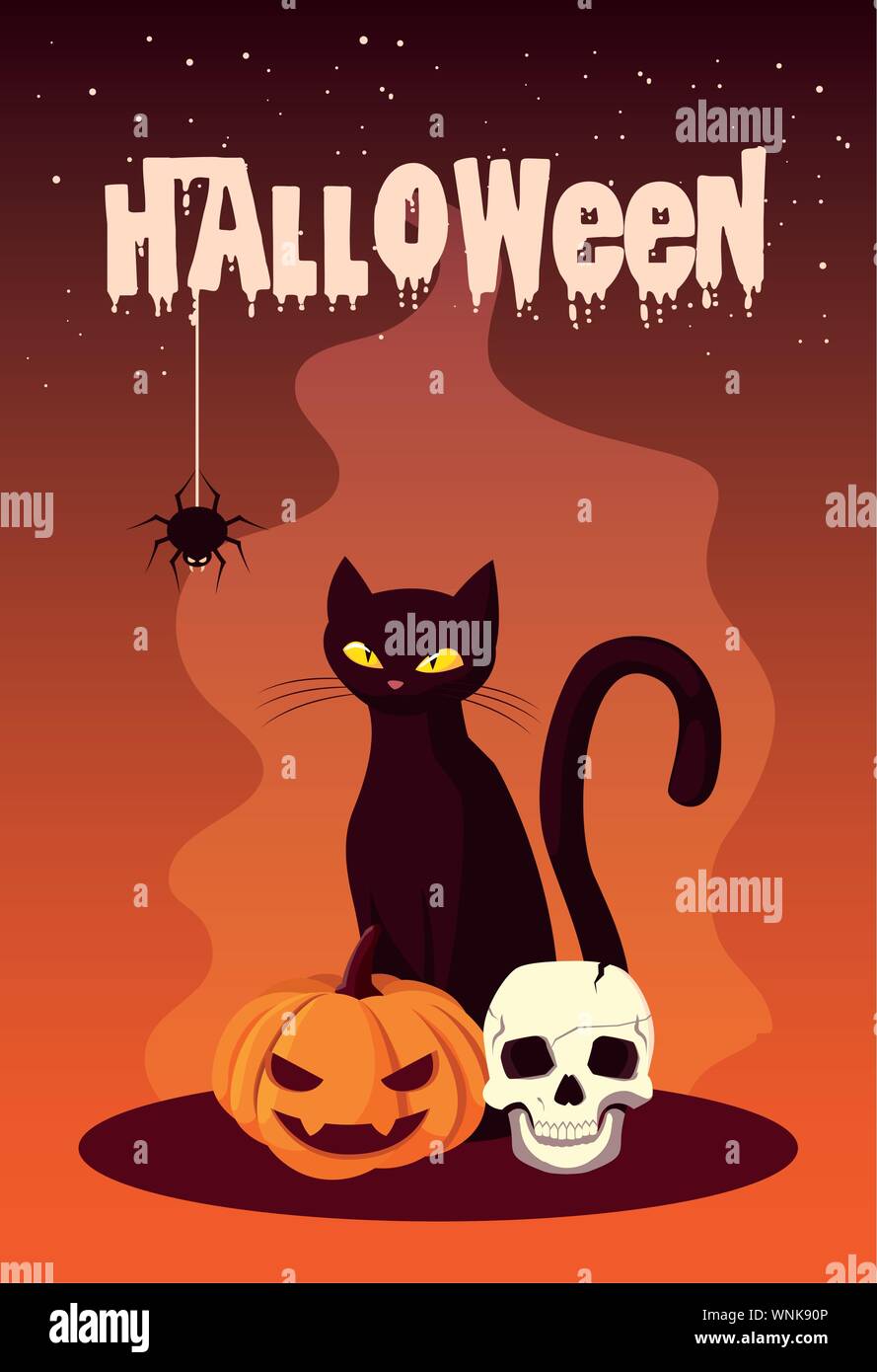 Póster de Halloween con cat y los iconos de diseño ilustración vectorial Ilustración del Vector
