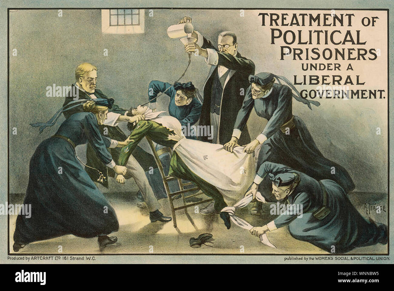 Un SUFFRAGETTES suffragette es Force Fed en HM prisión Holloway, Londres, durante las huelgas de hambre para Womens' el sufragio. Un WSPU poster dibujado por Alfred Pearce acerca de 1910 basado en una foto. Foto de stock