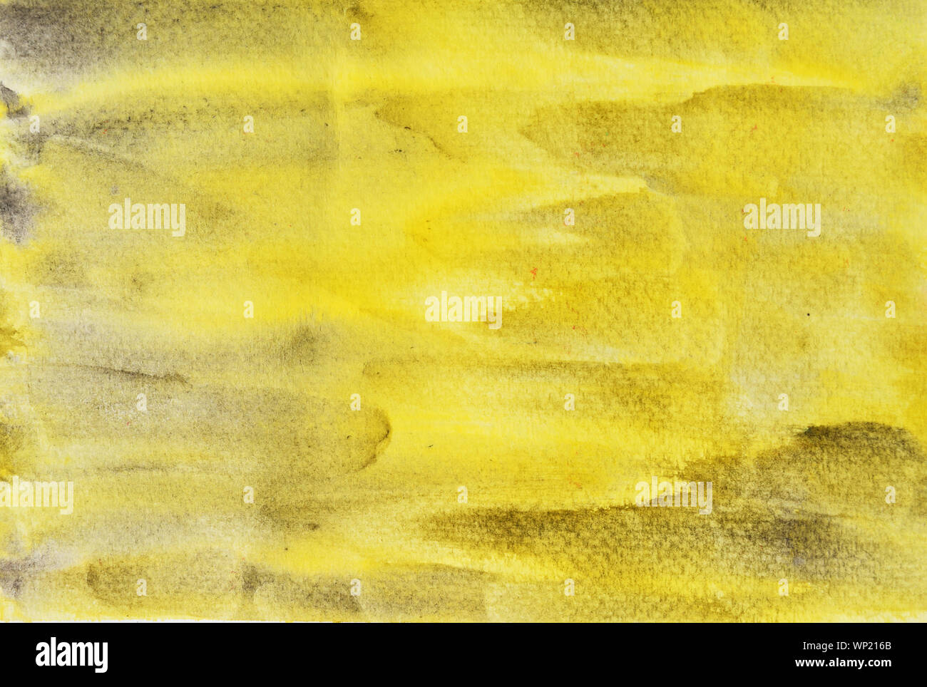 Manchas de color negro de flujo en superficie amarilla , Ilustración acuarela abstracta dibujar a mano en papel Foto de stock