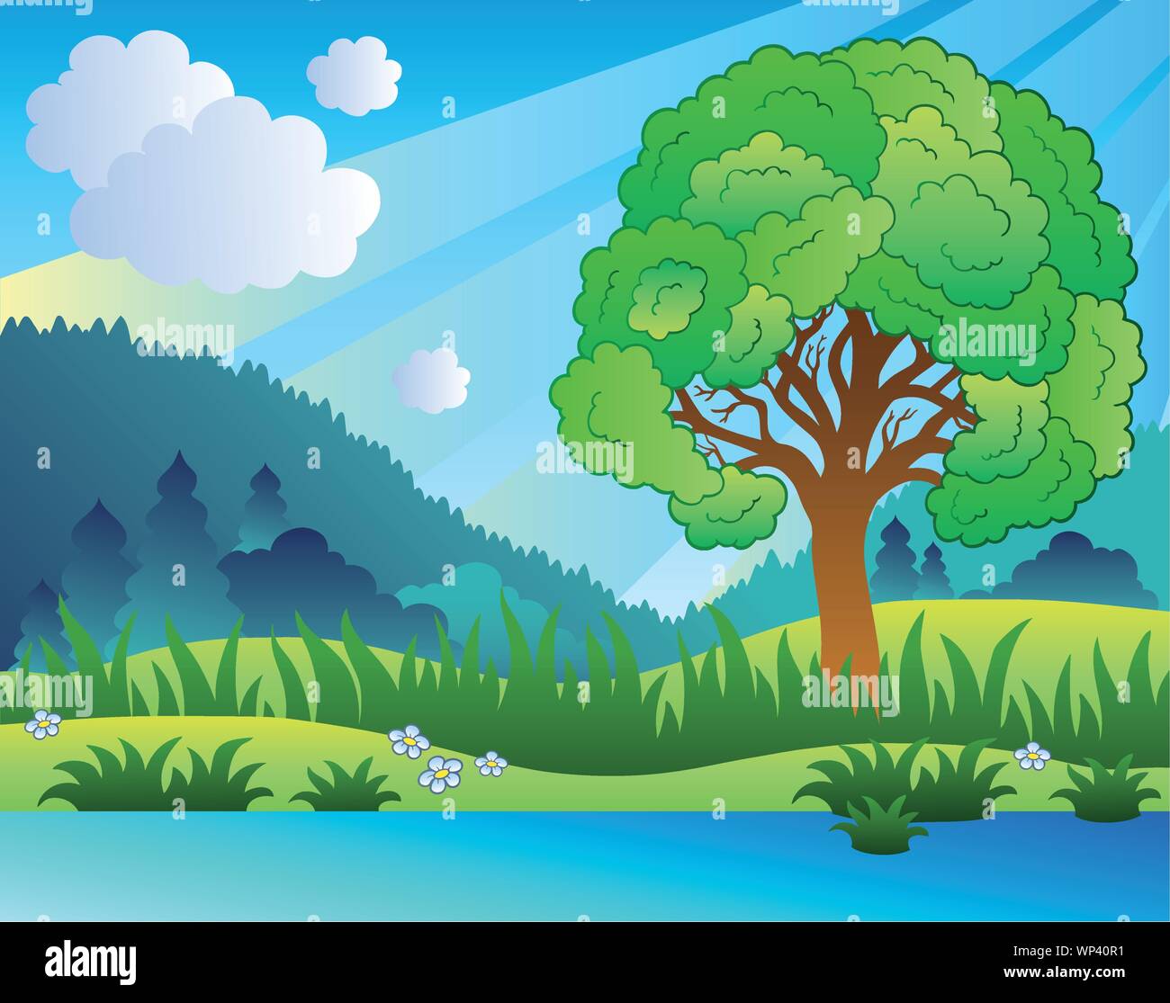 Paisaje con árbol frondoso y lago Imagen Vector de stock - Alamy
